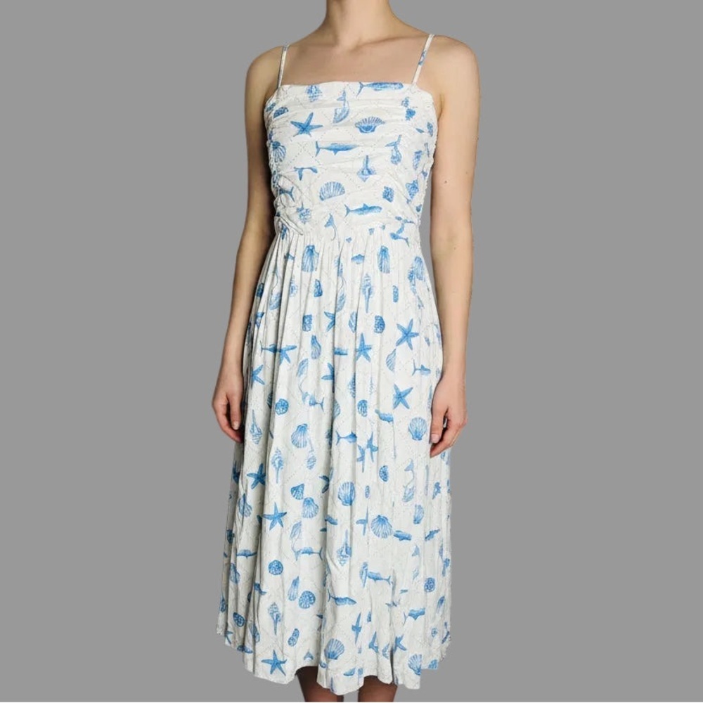 Copper Key White Sundress with Blue Seashell Print